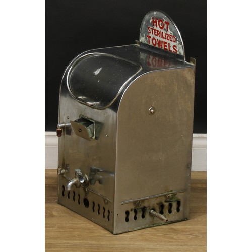 2394 - A mid 20th century chrome plated barber's shop hot towels dispenser, arched glass sign to top inscri... 