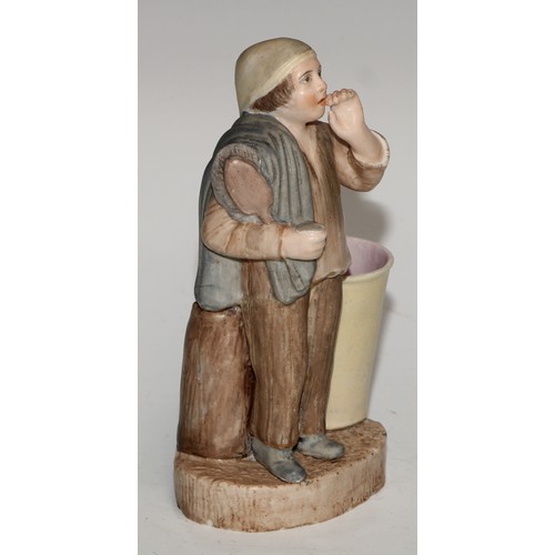 60A - A Sampson Hancock Derby novelty figural spill holder, as a gentleman retiring to bed, 14cm high, blu... 