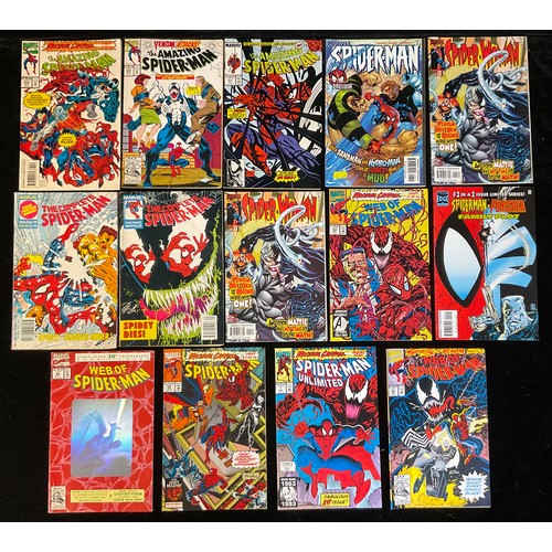 2555 - 14 Spiderman Comics. Web of Spider-man #90 Holofoil cover (1992). Spider-man Unlimited #1 (1993) 1st... 