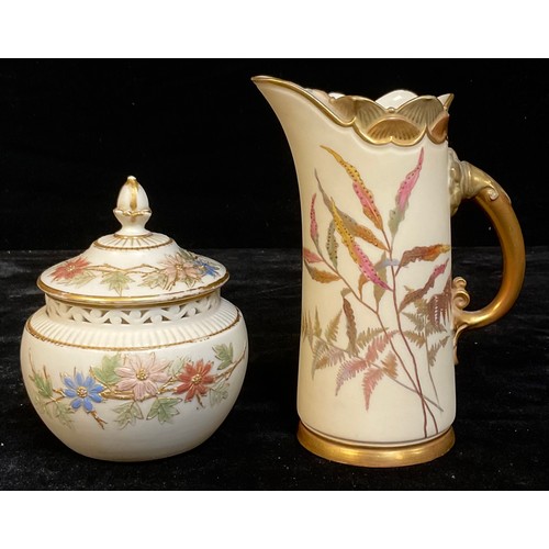 697 - A Royal Worcester Blush Ivory jug, painted with fern leaves, picked out in gilt, scroll handle, curv... 