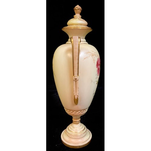 771 - A Royal Worcester Blush Ivory two handled slender inverted baluster vase and cover, painted with flo... 