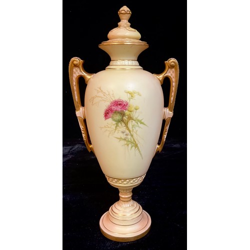 771 - A Royal Worcester Blush Ivory two handled slender inverted baluster vase and cover, painted with flo... 