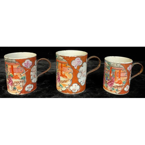 773 - A graduated set of three 18th century Chinese Export porcelain cylindrical mugs, polychrome decorate... 