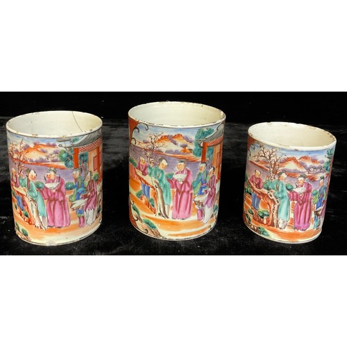 773 - A graduated set of three 18th century Chinese Export porcelain cylindrical mugs, polychrome decorate... 