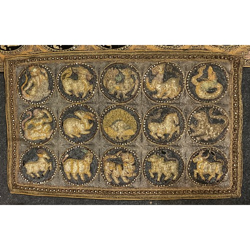 72 - An 19th century embroidered kalaga tapestry, with fifteen individual animal panels including the Sig... 