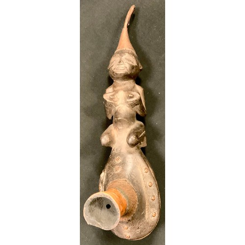 57 - A Luba pipe, carved as a female holding her chest, rotund belly, metal bound bowl, 34.5cm long, Demo... 