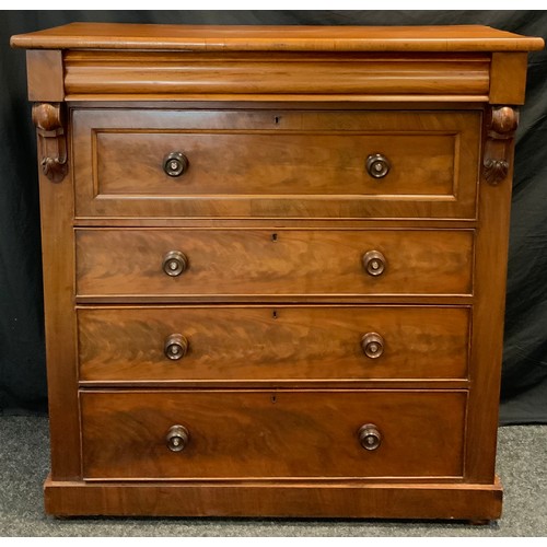 117 - A Victorian Scottish mahogany chest of drawers, over-sailing top, concealed drawer to frieze, above ... 