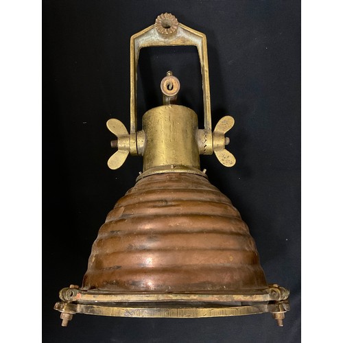 122 - A Nautical Ships beehive pendant search light, copper cowl, lockable adjustable mount, 49cm drop, 43... 