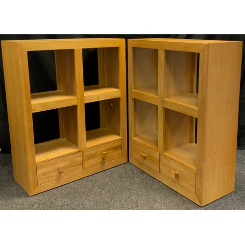 127 - A pair of contemporary Ash wood ‘room-divider’ shelving units, each unit with pair of short drawers ... 