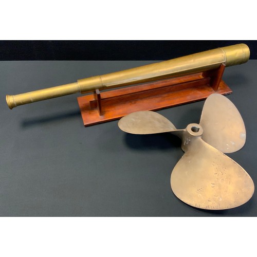 164 - A Heath & co brass telescope, single draw, 7cm diameter, 78cm long extended;  a three blade maritime... 