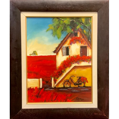 278 - Efron Lea, 20th century
Mediterranean Roofs and Roses
signed, oil on board, 60cm x 45cm