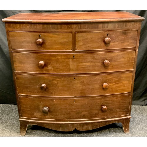 291 - A Victorian mahogany bow front chest, two short over three long graduated drawers, 113cm high, 110cm... 