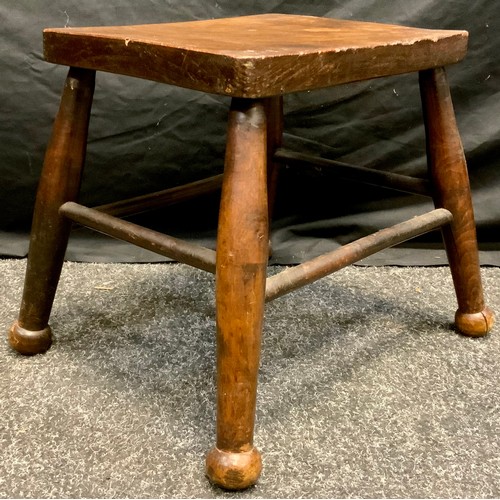 325 - A 19th century joint stool, rectangular top, turned tapering legs, bar stretchers, 30.3cm high,30cm ... 