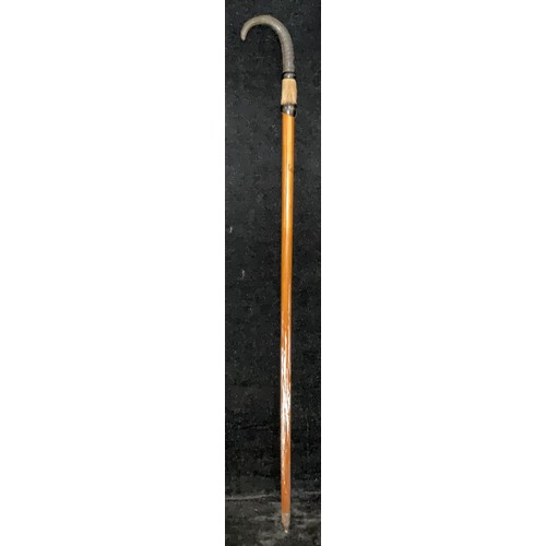 879 - A late 19th/early 20th Malacca walking stick, goat horn and hoof handle, the shaft transfer printed ... 