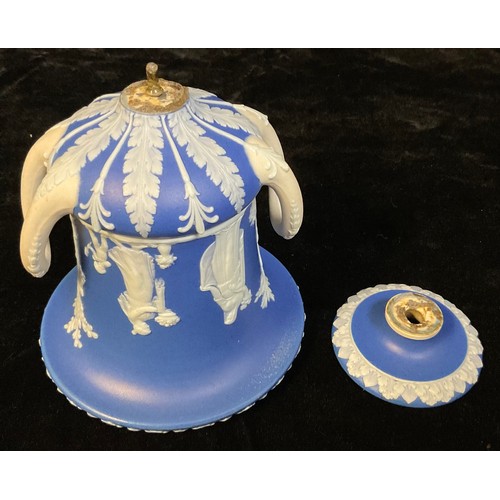 895 - A pair of Wedgwood Jasperware cobalt blue, candlesticks, 20cm, impressed marks, late 19th century; a... 