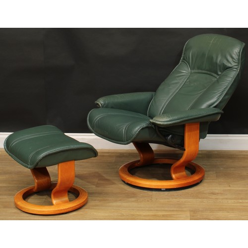 5 - A green leather Ekornes Stressless chair and stool, the chair 99.5cm high, 80cm wide, the seat 52cm ... 