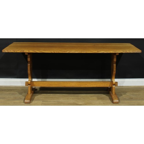 6 - An oak refectory type trestle dining table, 75cm high, 181cm long, 70.5cm wide; a set of ten Lancash... 