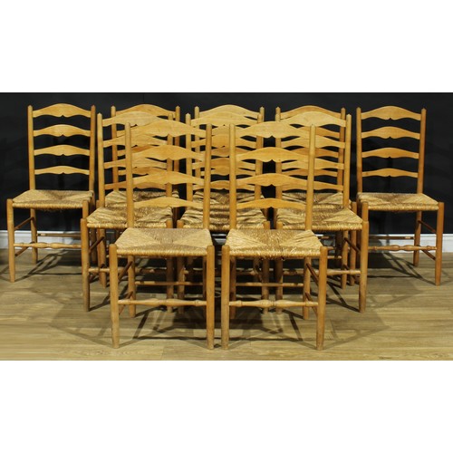 6 - An oak refectory type trestle dining table, 75cm high, 181cm long, 70.5cm wide; a set of ten Lancash... 