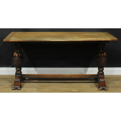 16 - A 17th century style oak refectory table, 73.5cm high, 152.5cm long, 76cm wide; a set of five chairs... 