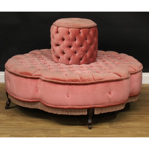 19 - A Victorian style conversation seat, stuffed-over deep-button upholstery, cabriole legs, casters, 80... 