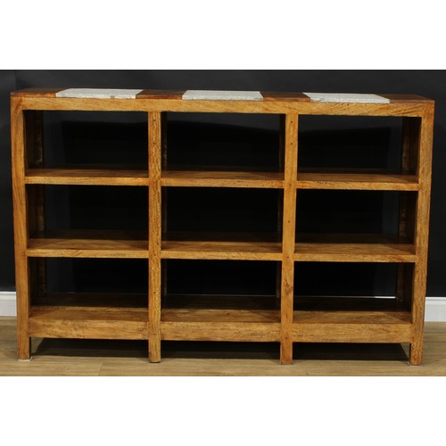 108 - A contemporary mango and scagliola open bookcase or display, stile feet, 112cm high, 170.5cm wide, 4... 