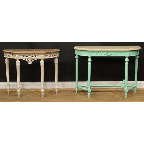 114 - A contemporary marble top pier table, 74cm high, 93cm wide, 28cm deep; another, 78.5cm high, 107.5cm... 