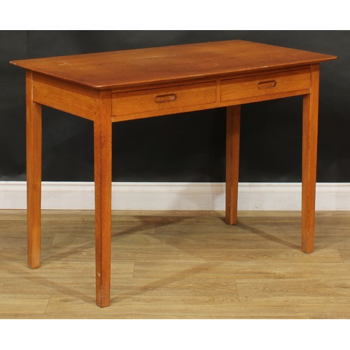 208 - A pair of mid 20th century oak side tables, each with a rounded rectangular top above a pair of frie... 