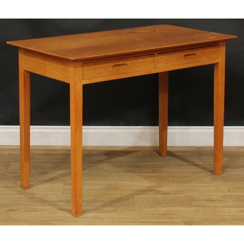 208 - A pair of mid 20th century oak side tables, each with a rounded rectangular top above a pair of frie... 