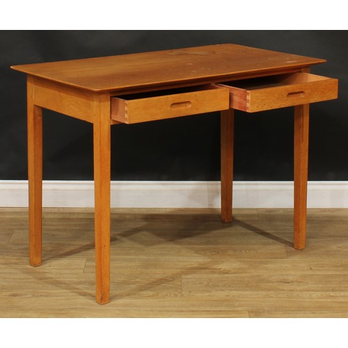 208 - A pair of mid 20th century oak side tables, each with a rounded rectangular top above a pair of frie... 