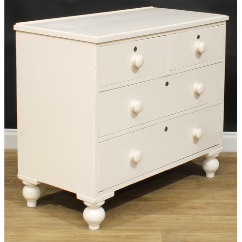 212 - A late Victorian painted pine chest, of two short and two long drawers, turnip feet, 89cm high, 102.... 