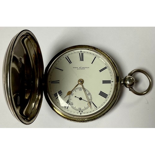 1137 - A Victorian silver hunter pocket watch, white enamel dial, Roman numerals, subsidiary seconds dial, ... 