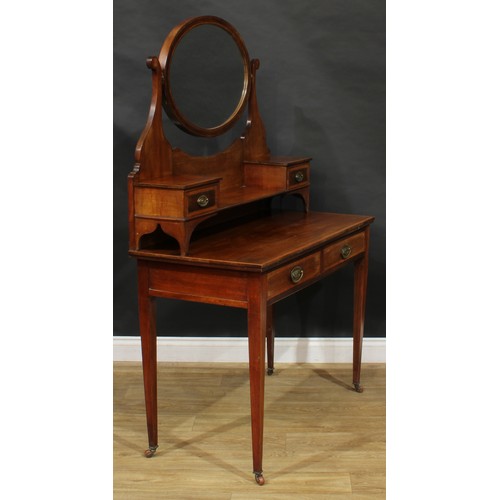 303 - A Sheraton Revival satinwood crossbanded mahogany dressing table, 158cm high, 106.5cm wide, 51cm dee... 