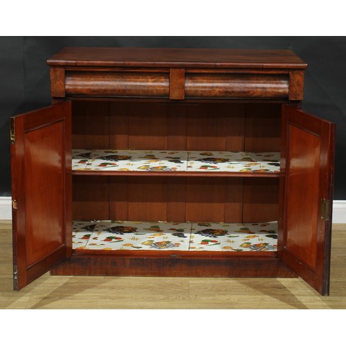 308 - A 19th century mahogany low chiffonier or side cabinet, rectangular top above a pair of ogee moulded... 