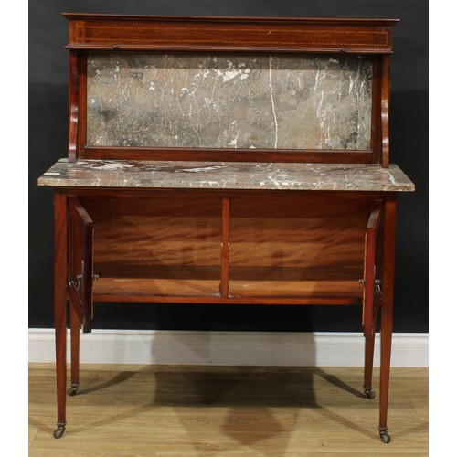 317 - An Edwardian mahogany washstand, marble top with half-gallery above a pair of panel doors, tapered l... 