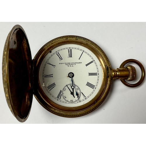 1165 - A late 19th century gold plated hunter pocket watch, New York Standard Watch Co. USA, white enamel d... 