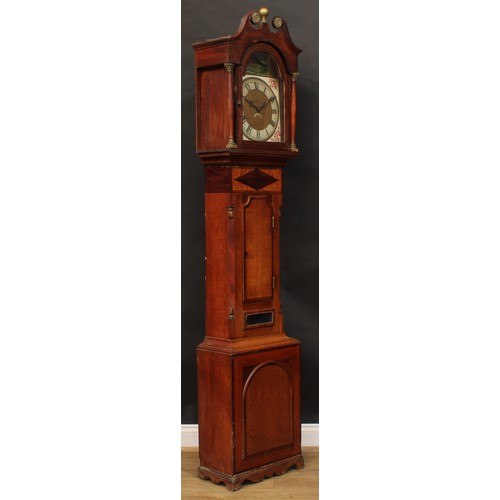 404 - A 19th century oak and parquetry longcase clock, 31.5cm arched dial, the case with swan neck pedimen... 