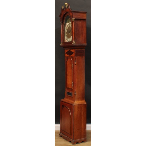 404 - A 19th century oak and parquetry longcase clock, 31.5cm arched dial, the case with swan neck pedimen... 