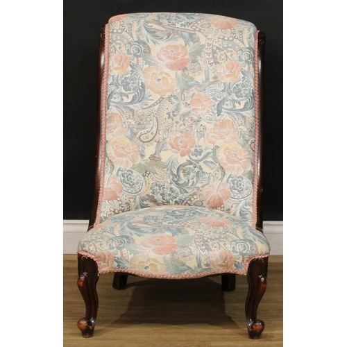 409 - A Victorian scroll back slipper chair, 87cm high, 56cm wide, the seat 35cm deep