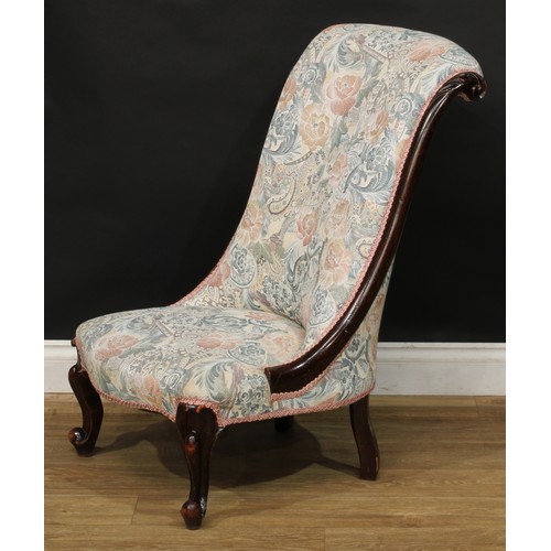 409 - A Victorian scroll back slipper chair, 87cm high, 56cm wide, the seat 35cm deep