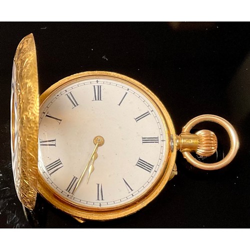 1181 - A continental 18k gold lady's half hunter pocket watch, white enamel dial, Roman numerals, the outer... 