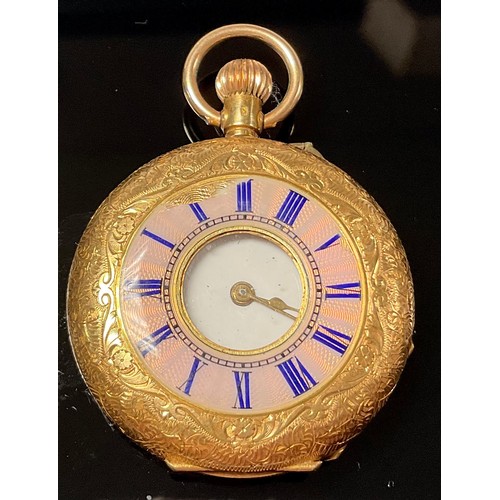 1181 - A continental 18k gold lady's half hunter pocket watch, white enamel dial, Roman numerals, the outer... 