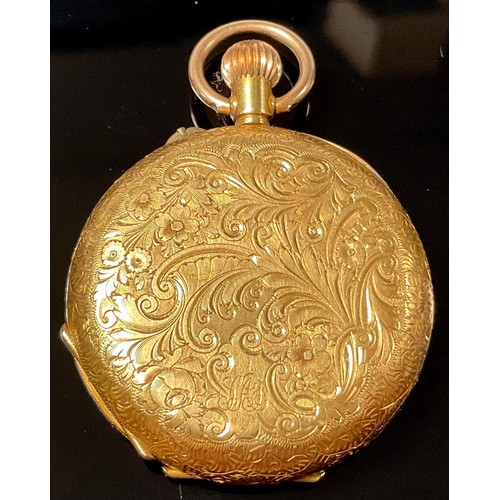 1181 - A continental 18k gold lady's half hunter pocket watch, white enamel dial, Roman numerals, the outer... 