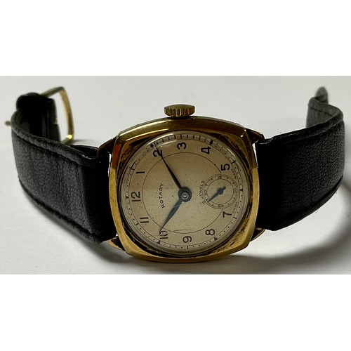 1182 - A gentleman's 9ct gold Rotary watch, Arabic numerals, subsidiary seconds dial, marked 375, black lea... 