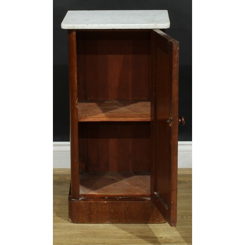 805 - A Victorian mahogany bedroom cupboard, marble top above a panel door, plinth base, 76.5cm high, 40cm... 