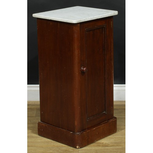 805 - A Victorian mahogany bedroom cupboard, marble top above a panel door, plinth base, 76.5cm high, 40cm... 