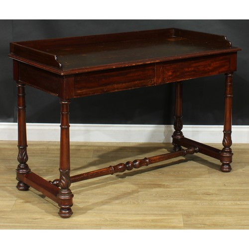 817 - An early Victorian mahogany library table, rectangular top with three-quarter gallery above a pair o... 