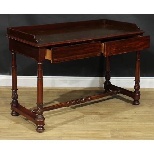 817 - An early Victorian mahogany library table, rectangular top with three-quarter gallery above a pair o... 