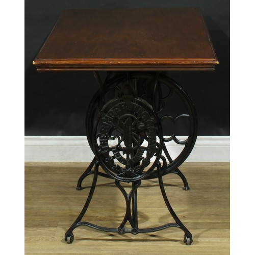 1243 - A cast iron and oak-veneer ply public house or orangery table, rectangular top, repurposed Singer tr... 