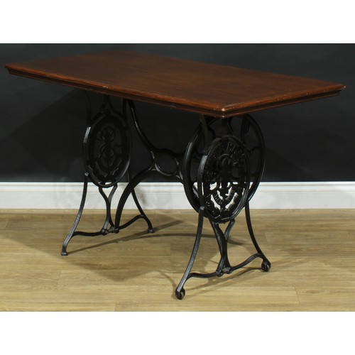 1243 - A cast iron and oak-veneer ply public house or orangery table, rectangular top, repurposed Singer tr... 