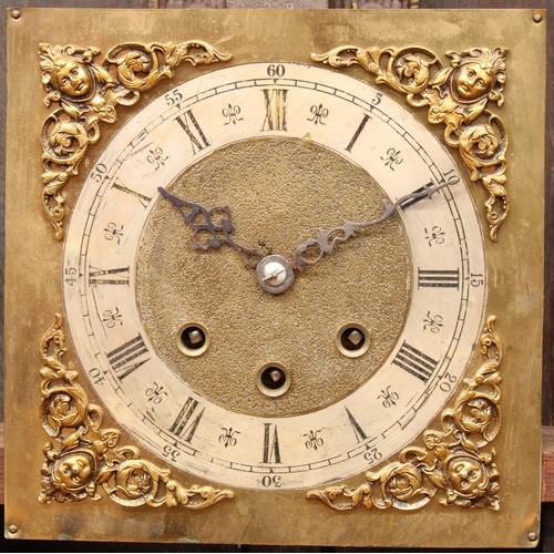 1280 - An oak shortcase hall clock or dwarf longcase clock, 20cm square brass dial, silvered chapter ring i... 